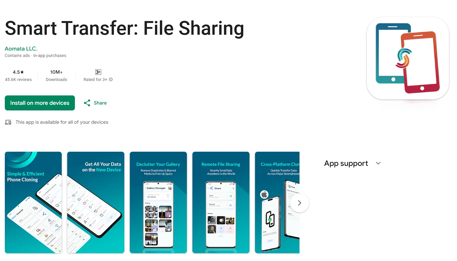 Smart Transfer app Google Play preview showing phone cloning, file sharing, remote transfer, and cross-platform migration features.