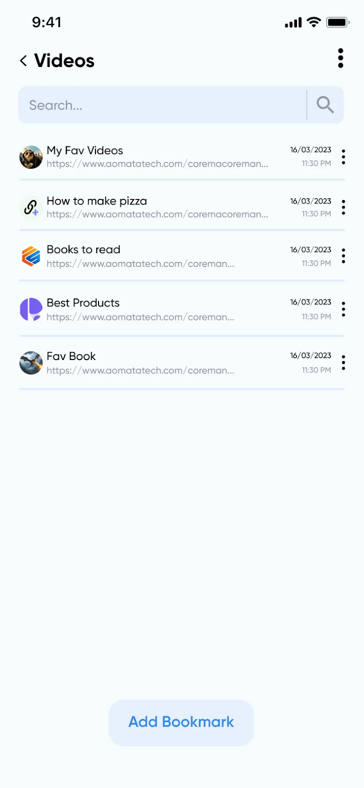 Bookmarks manager screen showing saved links organized by date for easy browsing, editing, and quick access.