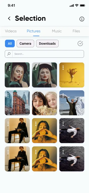 File selection interface on smartphone with images and videos chosen for sharing from the gallery.
