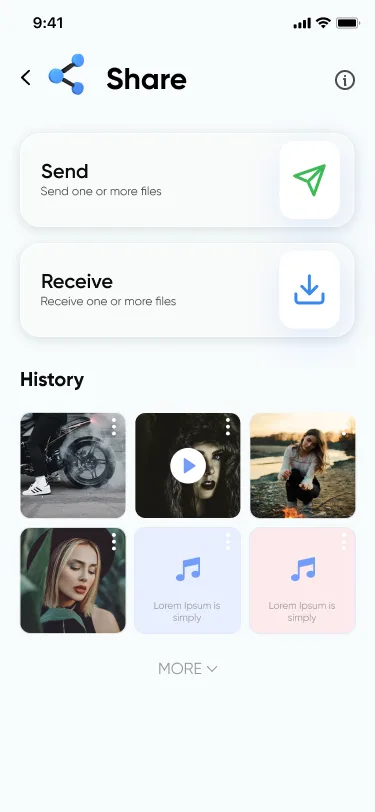 Mobile file sharing screen showing send, receive, and transfer history with images and audio files.