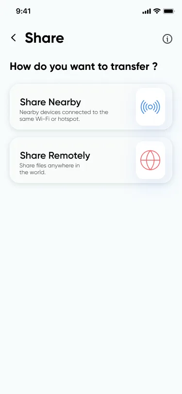 Mobile file sharing options for transferring data nearby or remotely using wireless technology.