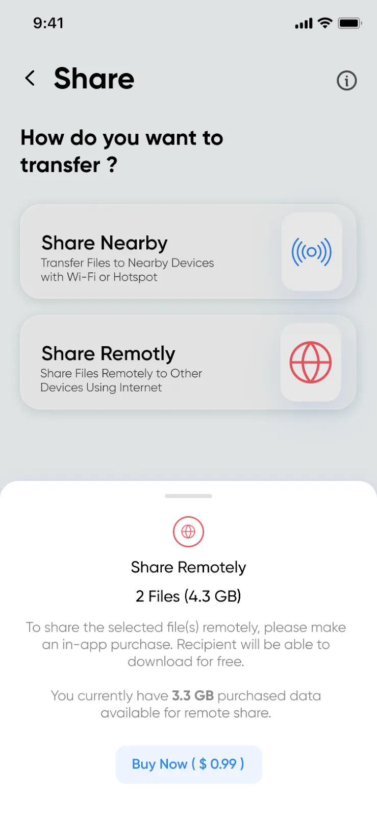 Mobile file sharing screen showing remote transfer option with in-app purchase prompt.