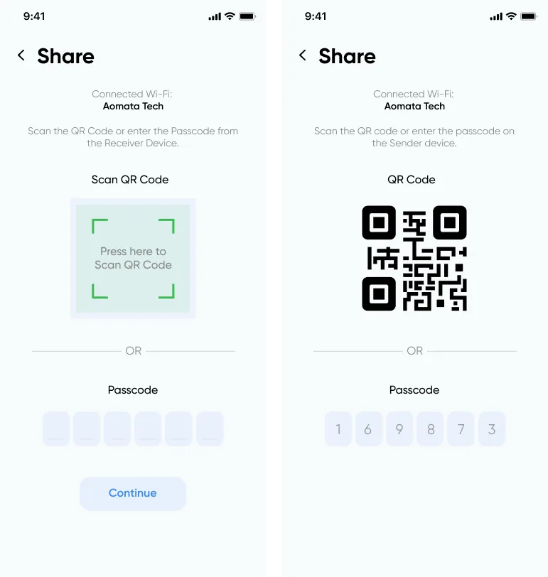 QR code and passcode screen for secure file sharing on a mobile app, enabling device-to-device transfers.