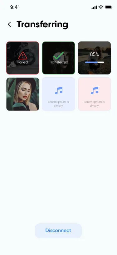 File transfer in progress screen showing selected images and audio files being shared between devices.