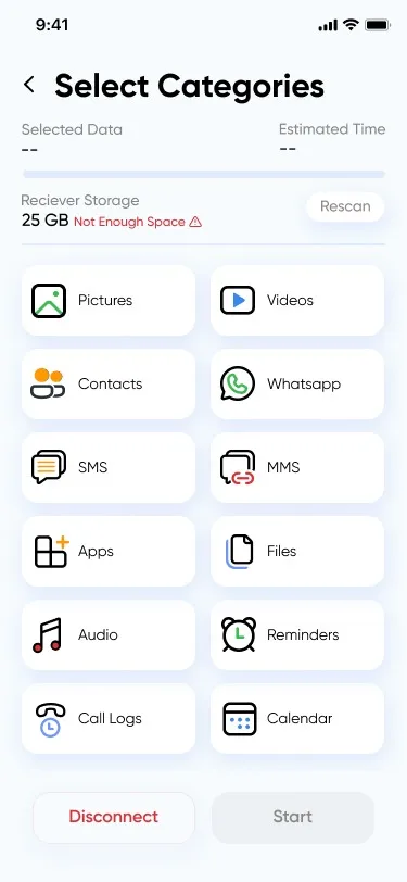 Category selection screen allowing the user to choose data types for transfer.