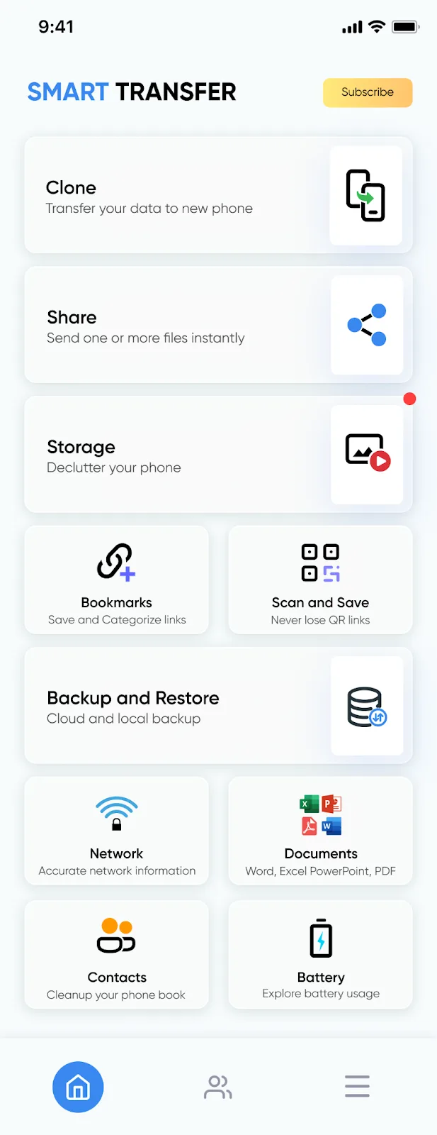 Smart Transfer home screen showing Clone, Share, Storage, Bookmarks, Scan & Save, Backup, Network, Documents, Contacts, and Battery tools.