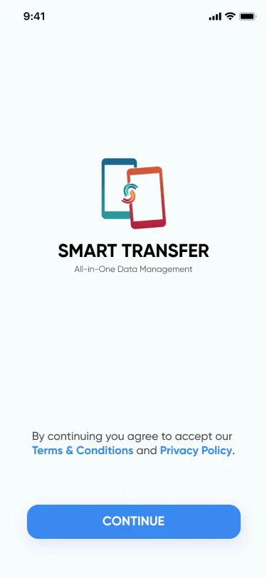 Welcome screen of the Smart Transfer app with the app logo and a “Continue” button.