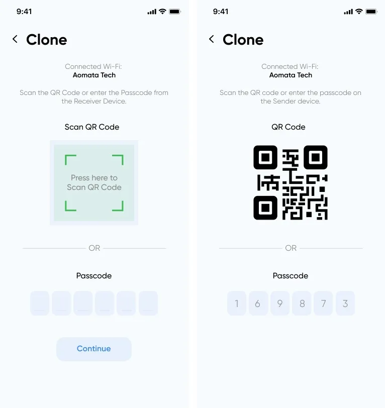 Clone QR code screen showing options to scan QR or enter passcode.