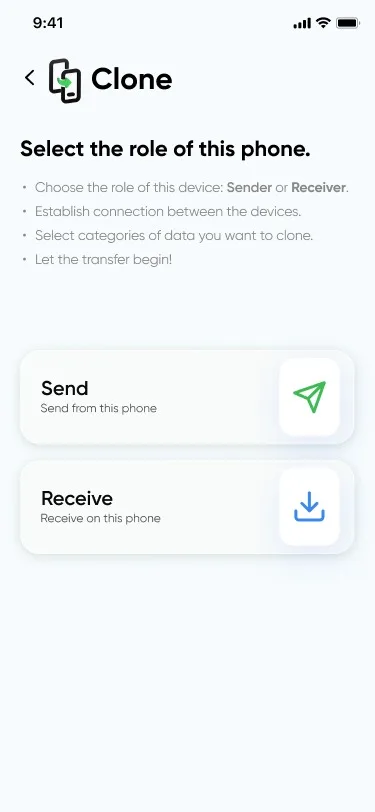 Clone feature screen asking the user to select whether they want to “Send” or “Receive” data.