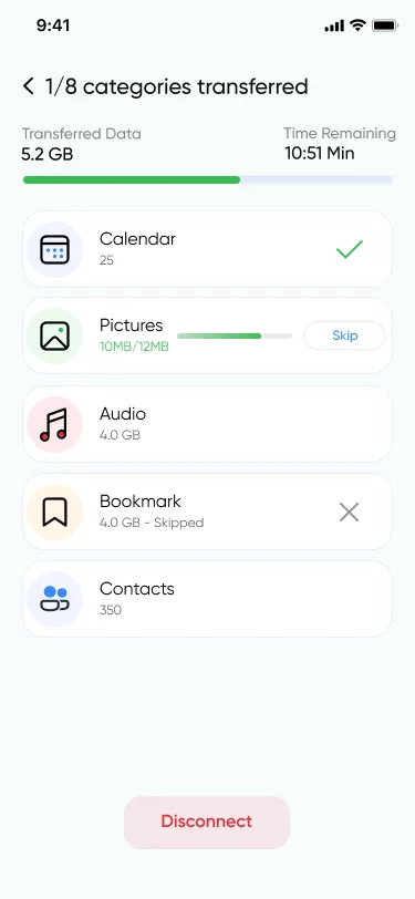 Transfer progress screen displaying ongoing data transfer of selected categories.